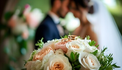 Charming wedding rings nestled in a bouquet, with a blurred bride and groom embodying the romantic spirit of a wedding celebration