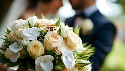 Charming wedding rings nestled in a bouquet, with a blurred bride and groom embodying the romantic spirit of a wedding celebration