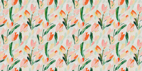 Wall Mural - a dreamy abstract painting pattern of soft pale pink, soft pale red and soft pale orange tulips with soft pale green leaves on a