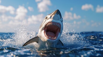 Stock photo of a great white shark jumping out of the water.