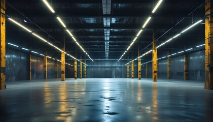 Wall Mural - Mysterious dimly lit warehouse interior with fluorescent lamps illuminating expansive industrial space and dark, grungy walls