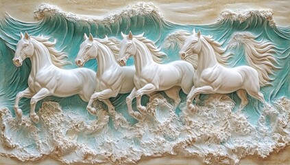 Wall decoration depicting galloping horses in relief on a white background