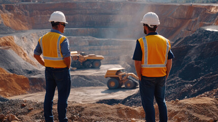 Two men in yellow vests stand on a hill overlooking a construction site. The men are wearing hard hats and are looking at the machinery