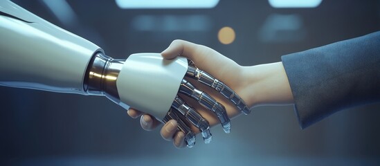 Collaboration between humans and robots showcasing a handshake between a person and a machine