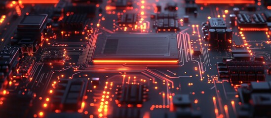 Wall Mural - glowing 3d illustration of a circuit board with a cpu transmitting high speed data highlighting comp