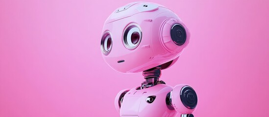 Wall Mural - Adorable pink robot gazing downward against a pink backdrop 3D rendering