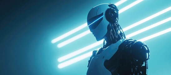 Futuristic robot and android displayed against a luminous stage backdrop illuminated by bright light 3D illustration