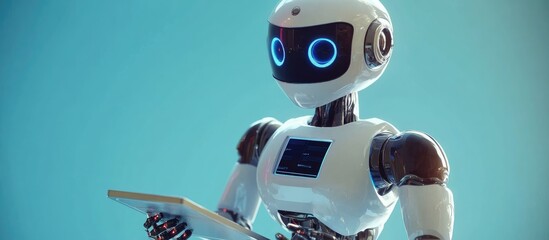 Wall Mural - 3d rendering of a robotic assistant utilizing a tablet and carrying trays