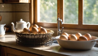 Brown Egg Basket on Countertop