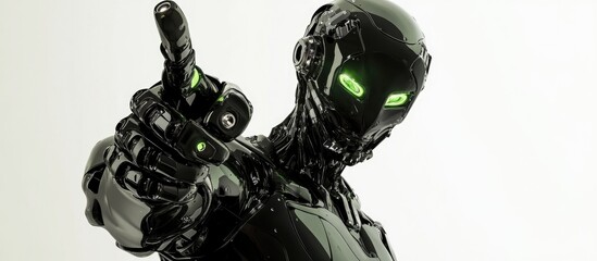 Black and green robotic cyborg pointing finger against a white background in 3D rendering