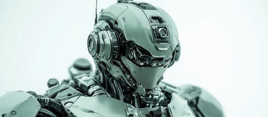 Futuristic mech soldier on a white background Military style robot in green and gray metal with scratched armor piloted for combat 3D rendering of a mech in battle