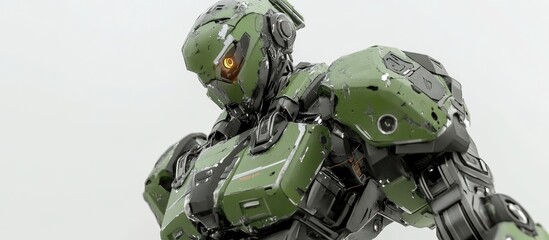 Futuristic mech soldier on a white background Military style robot in green and gray metal with scratched armor piloted for combat 3D rendering of a mech in battle