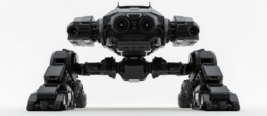 Close up rear view of a black heavy mech on a white background This super robot gun in clipping path is ideal for graphic design projects and 3D illustrations