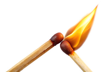 a close-up of two matchsticks igniting, showcasing vibrant flames and contrasting colors against a b