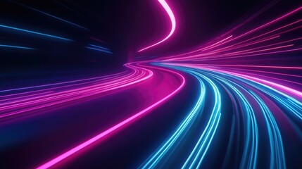 Poster - Dynamic motion on a neon lit road in darkness Swift movement along the path Vibrant light trails signify acceleration Abstract depiction with pink and blue streaks