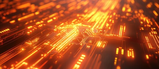 Wall Mural - orange abstract background featuring a futuristic cyber circuit design representing advanced technol
