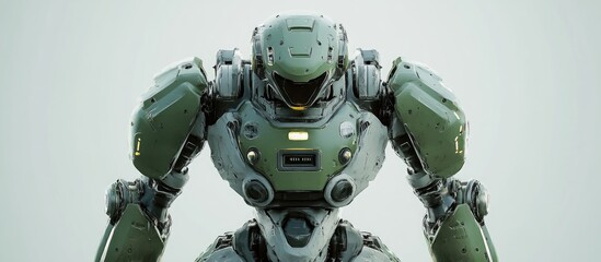 Futuristic mech soldier posed on a neutral background Military style robot featuring green and gray metal with a piloted control system and worn armor 3D rendering of mech combat