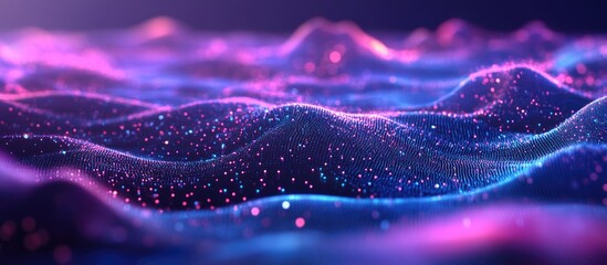 Sticker - Abstract blue and violet wave texture with luminous blurred particles Digital landscape background representing technology or cyber themes 3D rendering