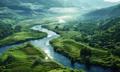 Wall Mural - Calm river winding through a lush green valley, Video