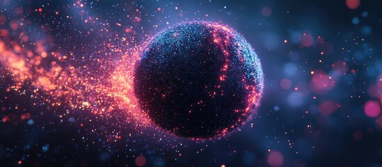 Sticker - 3D rendering of a dark sphere emitting vibrant particles Represents advanced technology and rapid data transfer