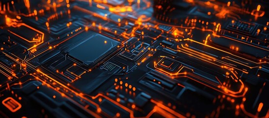 Wall Mural - orange cyber circuit background representing futuristic technology concepts
