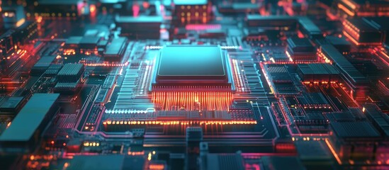 Wall Mural - ai chipset mounted on a circuit board with a backdrop of a data center