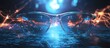 ©  AugmentArt - Tech hologram with glasses on a table background A representation of technological concepts through double exposure