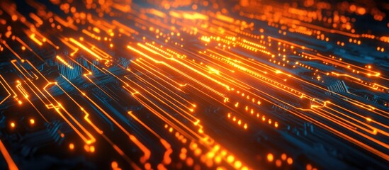 Wall Mural - Abstract circuit board background in orange representing future technology and cyber security with a high speed digital internet effect and motion blur pixelation