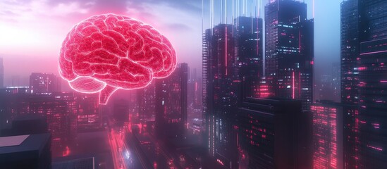 Wall Mural - holographic brain illustration overlaid on an urban landscape showcasing the concept of artificial i