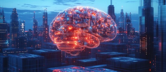 Wall Mural - 3d rendering of a digital brain representing artificial intelligence set against a blue urban backdr