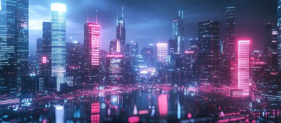 Wall Mural - panoramic view of downtown skyscrapers and a harbor area with a focus on ai machine learning and neu