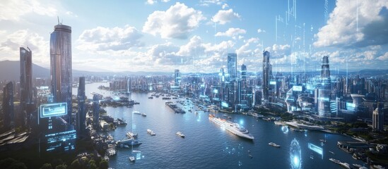 Wall Mural - panoramic view of a harbor city during the day showcasing a financial district with holographic repr