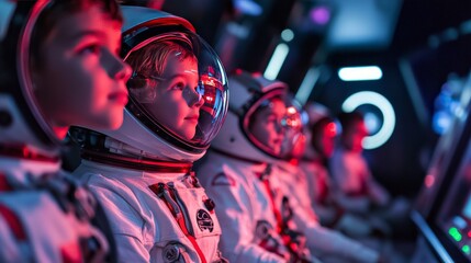 A group of child astronauts preparing for a space launch, going through the same rigorous checks as adult counterparts.