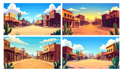 wild west city cartoon background. western street game landscape, old american cowboy town in mexica
