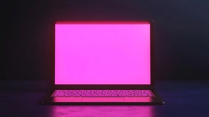 Wall Mural - Laptop with Bright Pink Screen in a Dark Room