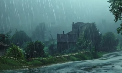 Canvas Print - Thunderstorm rain pouring down on quiet village, Video