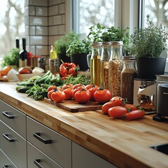 A well-organized kitchen with fresh vegetables on a wooden counter. Generative AI