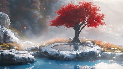 Sticker - Red tree by the lake in a foggy mountain landscape, digital art, nature scenery, fantasy, tranquil