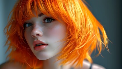 Lustrous closeup of vibrant orange hair texture with a glossy sheen created by AI artistry