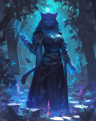 cat beastfolk casting a powerful spell in a glowing moonlit forest surrounded by enchanted trees and flowers