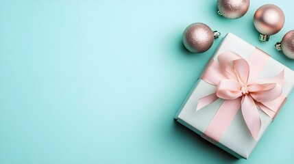 Canvas Print - Gift Box with Pink Ornaments on Mint Background