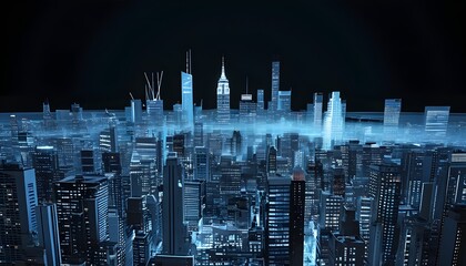 Wall Mural - X-ray cityscape illuminated in light blue tones with minimal details against a deep black backdrop