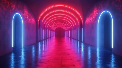 Wall Mural - Abstract futuristic neon tunnel with archway doors. 3d render of glowing red and blue neon lights