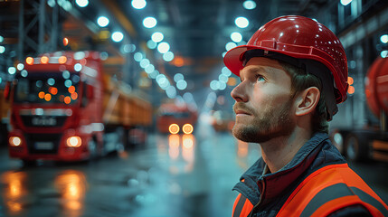 A man in a red helmet and orange vest stands in front of a large truck