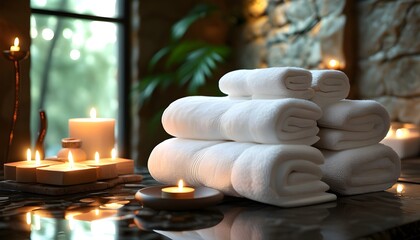 Serene spa retreat featuring plush white towels and soft candlelight for ultimate relaxation