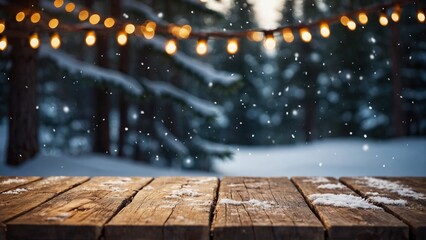 Wall Mural - rustic wood table winter mockup with glowing bokeh lights, snow, and pine trees background