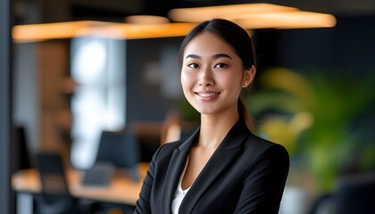 Confident young professional in black suit smiling in contemporary office setting with a blurred backdrop