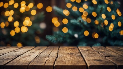 Wall Mural - rustic wood table winter mockup with glowing bokeh lights, snow, and pine trees background