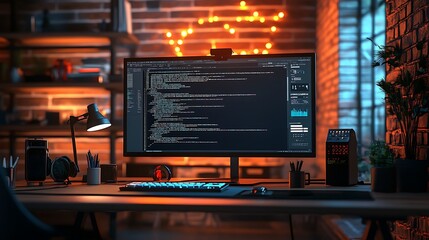 A photorealistic desktop featuring a software development environment with detailed code and user interface design in sharp focus, framed by tech gadgets and a neat workspace