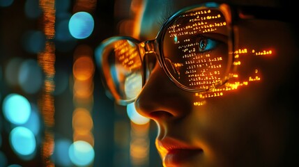 Close up of a woman's face with code reflected in her glasses, futuristic technology concept